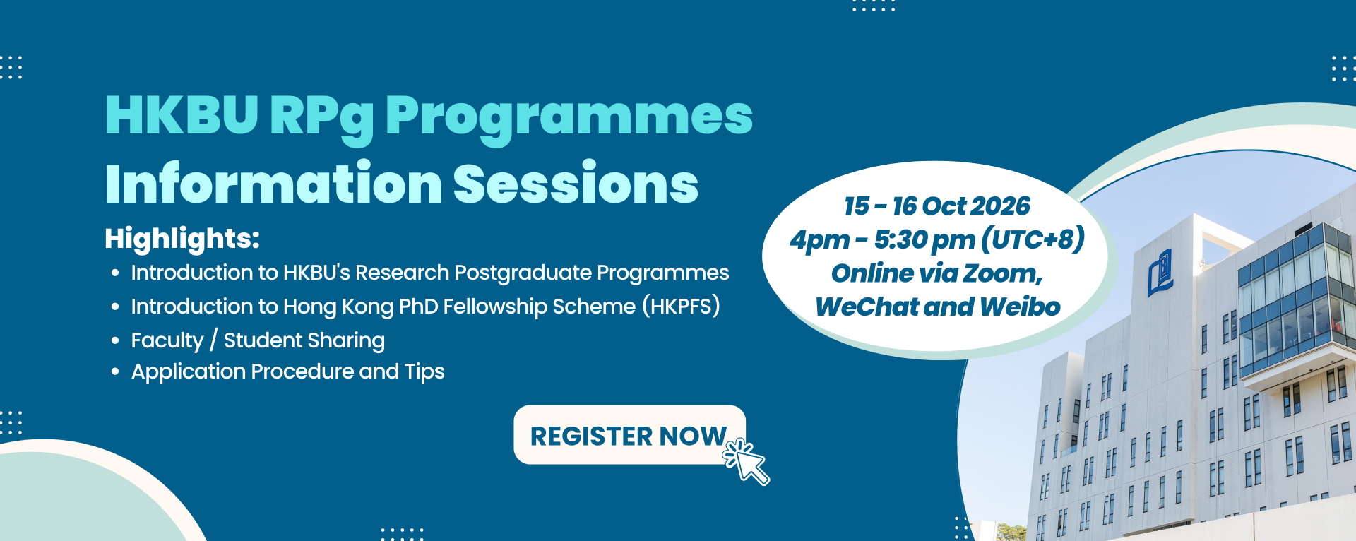 Unlock Your Future: HKBU Online Info Session for Research Postgraduate Studies on 15-16 Oct 2026